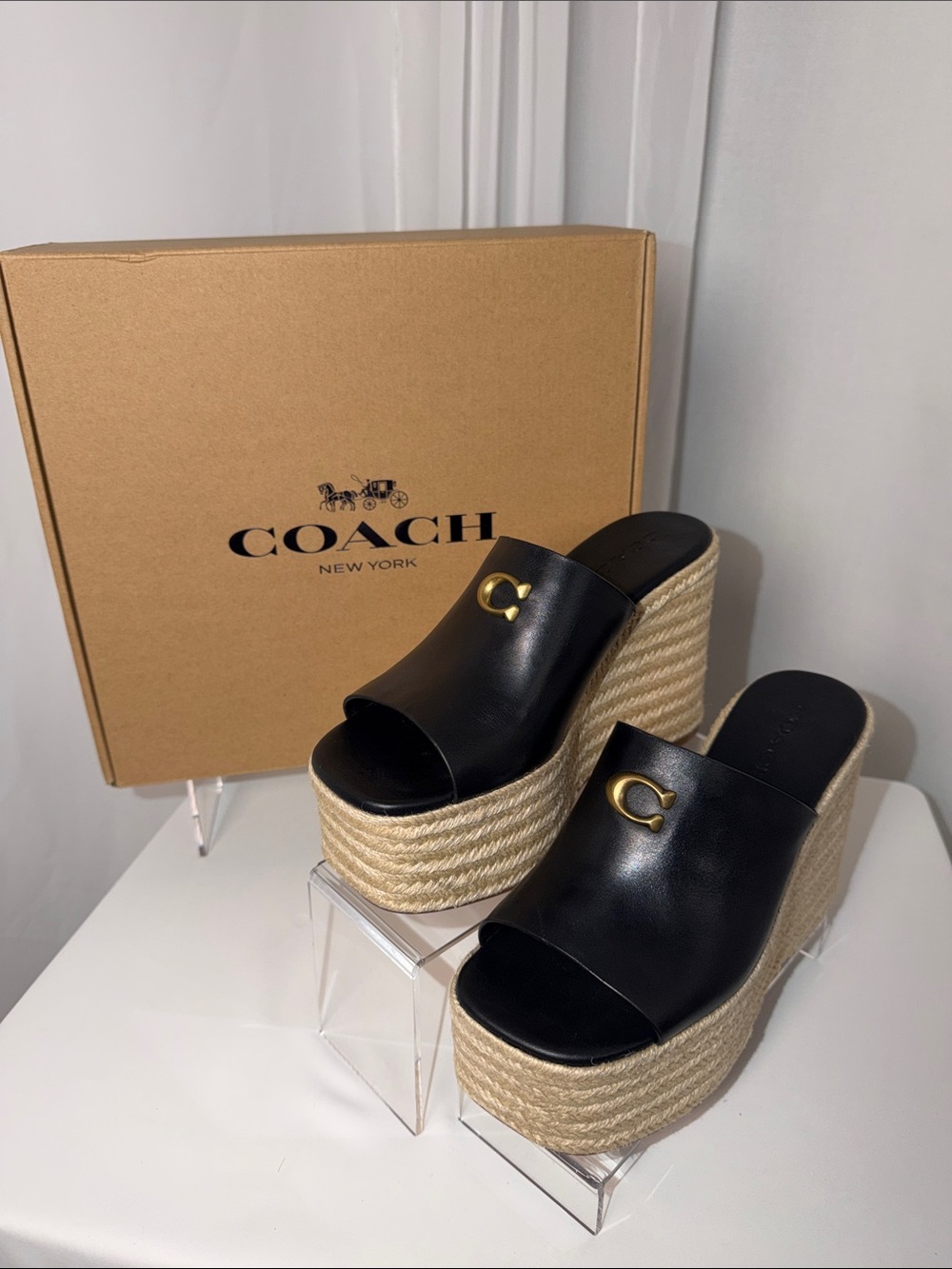 NIB COACH Gloria Leather Wedge Espadrille Platform Slide Sandals Black Size 8